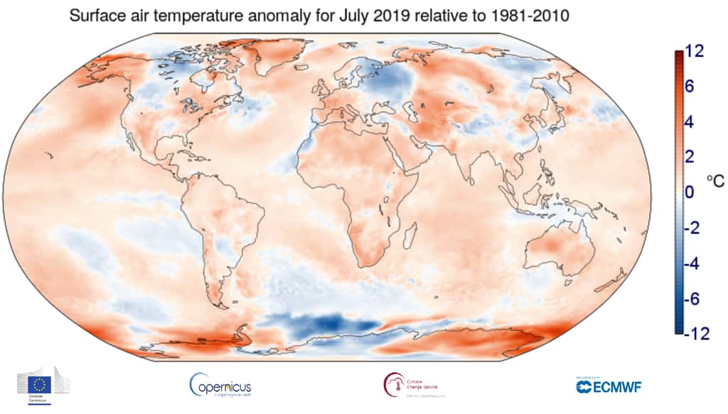 Carte montrant les anomalies de températures de surface de l'air (écarts par rapport à la moyenne) en juillet 2019, par rapport à la normale calculée sur les mois de juillet sur la période 1981-2010. Globalement, la température moyenne était plus élevée de 0,56 °C. © Copernicus Climate Change Service (C3S), ECMWF