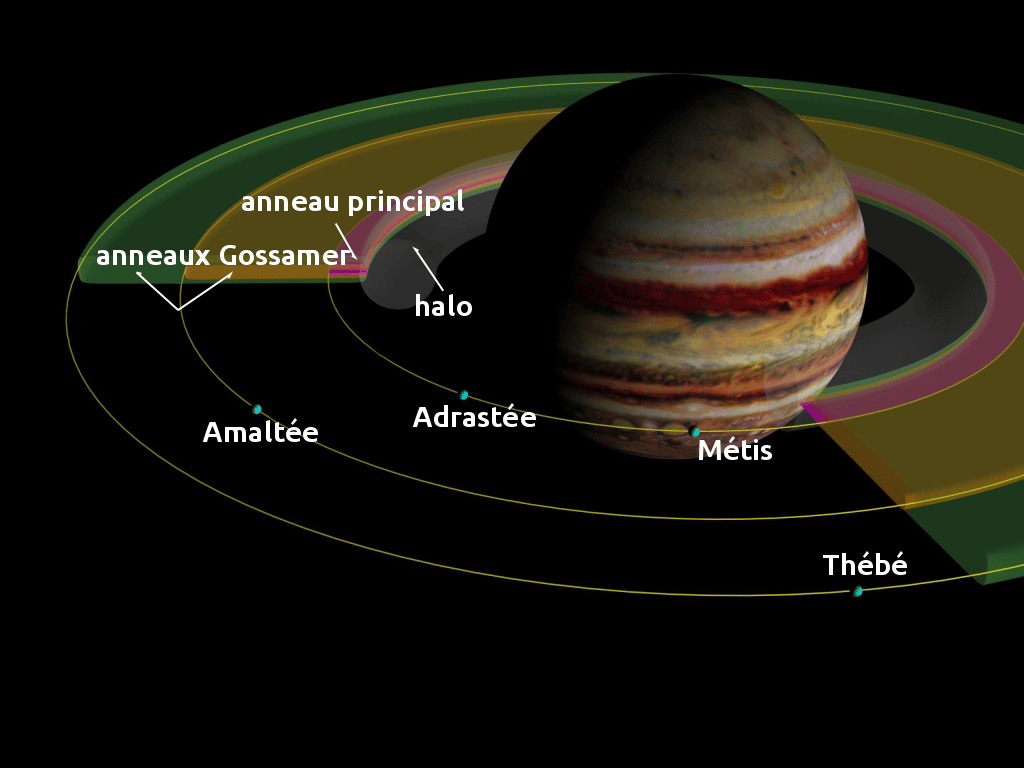 Une représentation des lunes et des anneaux de Jupiter dont on pense que certains fournissent les poussières présentes dans les anneaux. © Simon Villeneuve