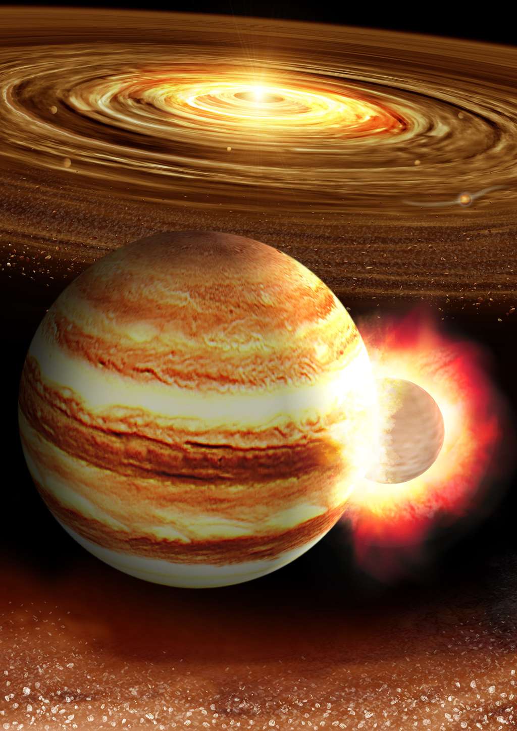Une vue d'artiste d'une possible collision, au tout début de la formation du Système solaire, entre la proto-Jupiter et un embryon planétaire solide d'environ 10 masses terrestres. © K. Suda & Y. Akimoto/<em>Mabuchi Design Office, courtesy of Astrobiology Center, Japan</em>