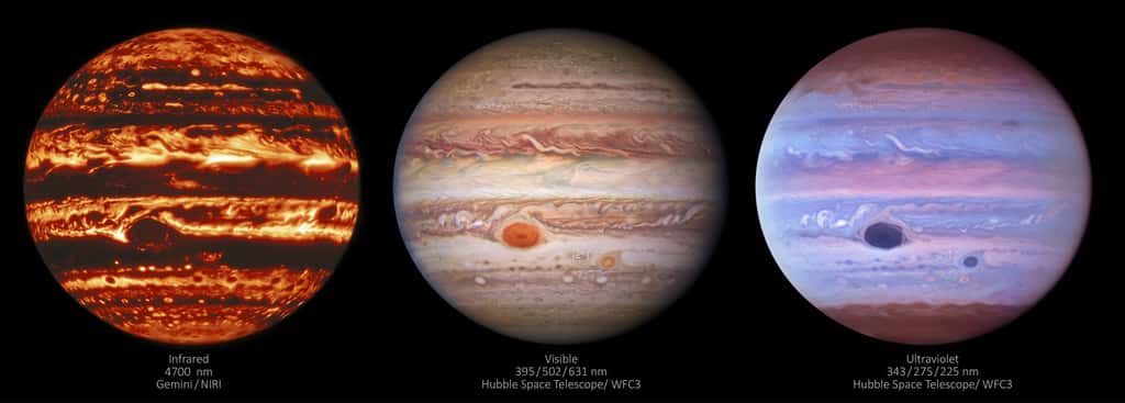 Trois images de Jupiter (en fausses couleurs) montrent la géante gazeuse dans trois types de lumière différents : infrarouge, visible et ultraviolet. L'image de gauche a été prise en infrarouge par l'instrument Niri (<em>Near-InfraRed Imager</em>) à Gemini North à Hawaï, la version dans l'hémisphère nord de l'Observatoire international Gemini. L'image centrale a été prise en lumière visible par le télescope spatial Hubble. L'image de droite a été prise en lumière ultraviolette et aussi par Hubble. Toutes les observations ont été faites le 11 janvier 2017. © <em>International Gemini Observatory</em>/NOIRLab/NSF/Aura/Nasa/ESA, M.H. Wong <em>and</em> I. de Pater (UC Berkeley) et <em>al.</em>