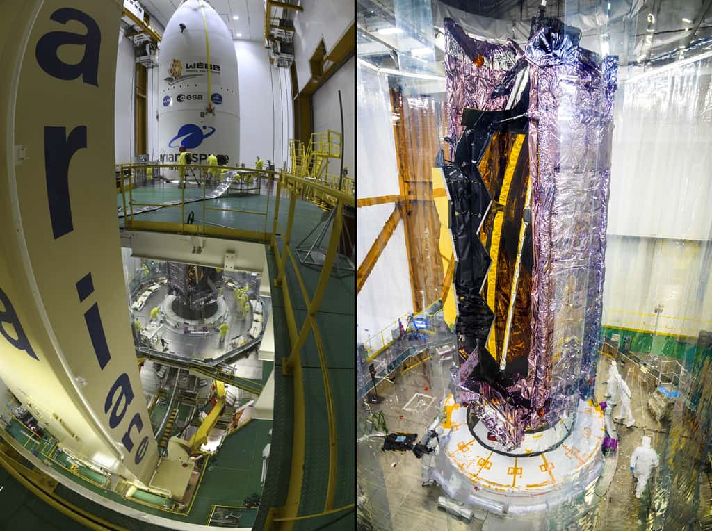 Dans le Bâtiment d'assemblage final du Centre spatial Guyanais, mise en place de James Webb sur Ariane 5 et installation de la coiffe. © ESA, M. Pedoussaut (image de gauche) et Nasa, Chris Gunn (image de droite)