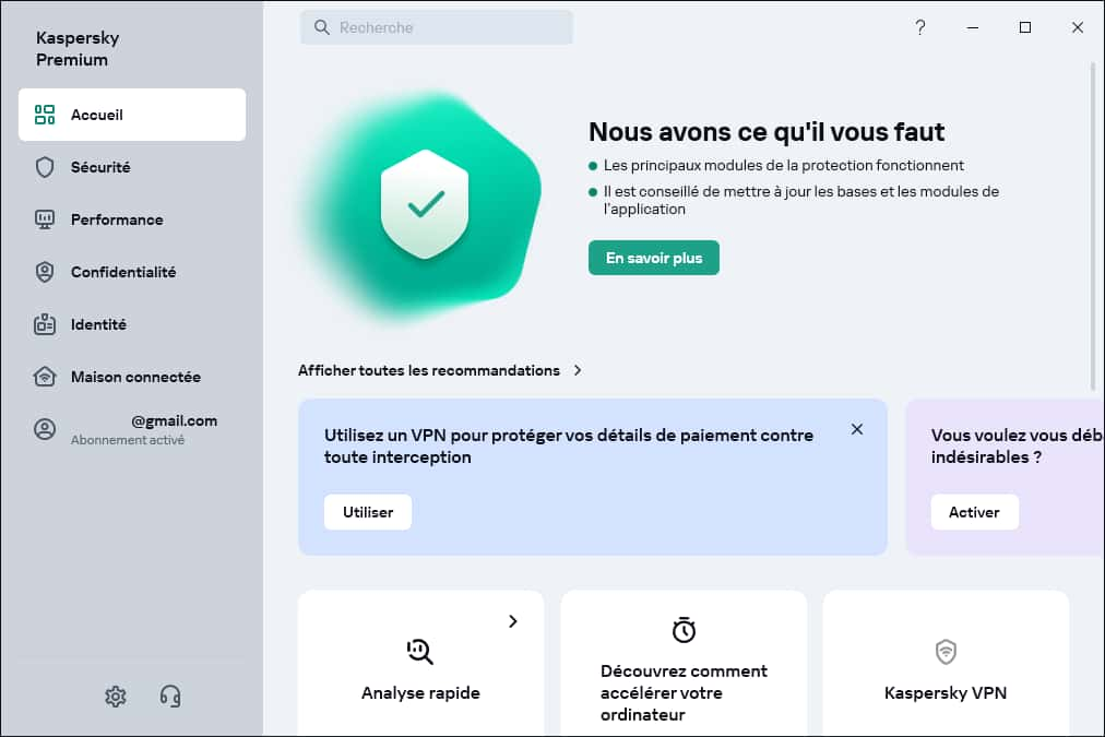 La version Premium de la suite sécurité est aussi un véritable centre de surveillance qui protège votre vie privée et vérifie si vos données ont été corrompues. Elle intègre également un VPN. © Kaspersky