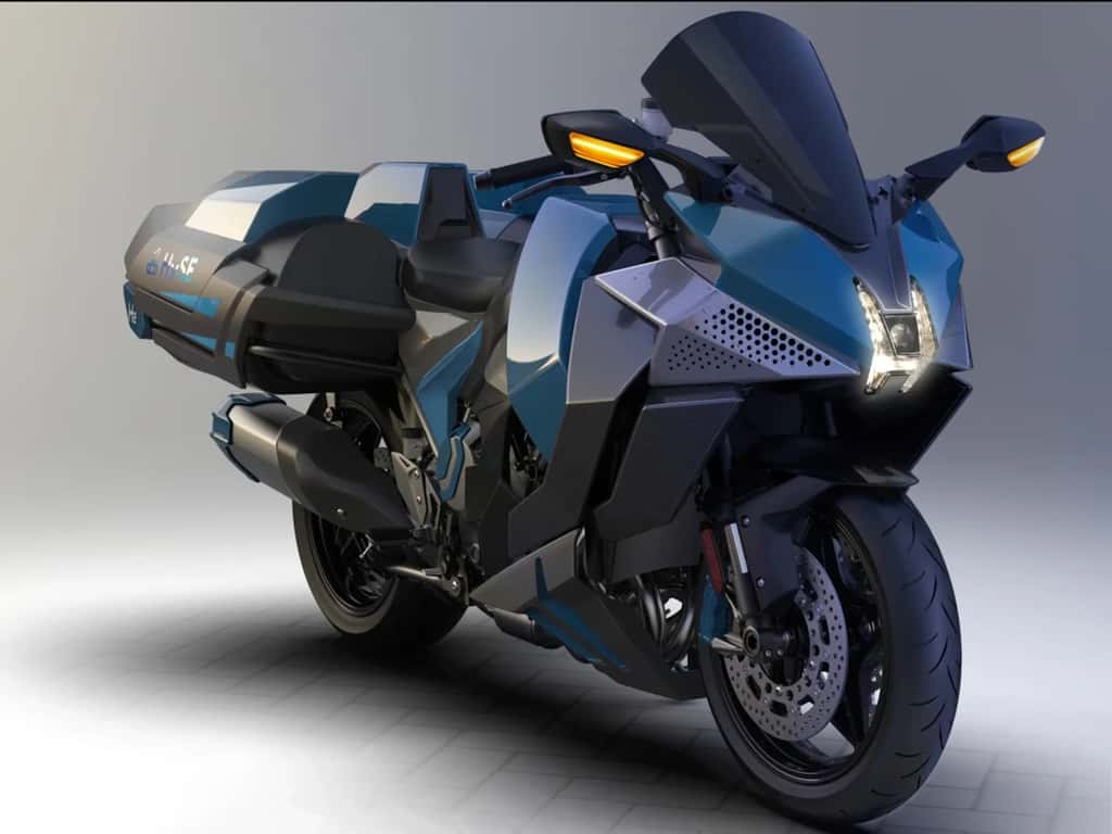 Le prototype de moto avec ses grands réservoirs latéraux. © Kawasaki