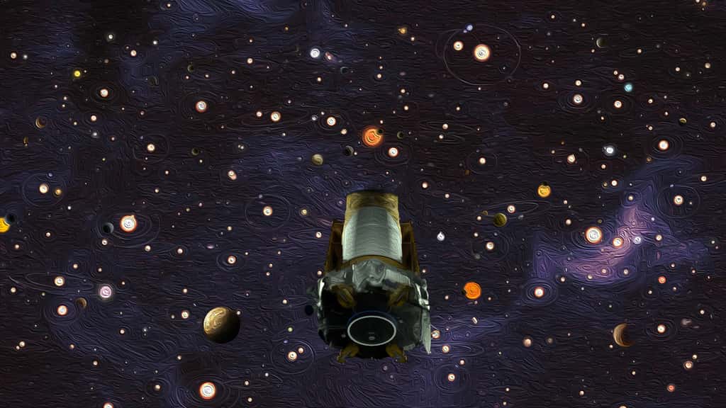 Sur cette illustration, le satellite chasseur d'exoplanètes Kepler est représenté devant une multitude de planètes en orbite autour d'autres étoiles. © Nasa