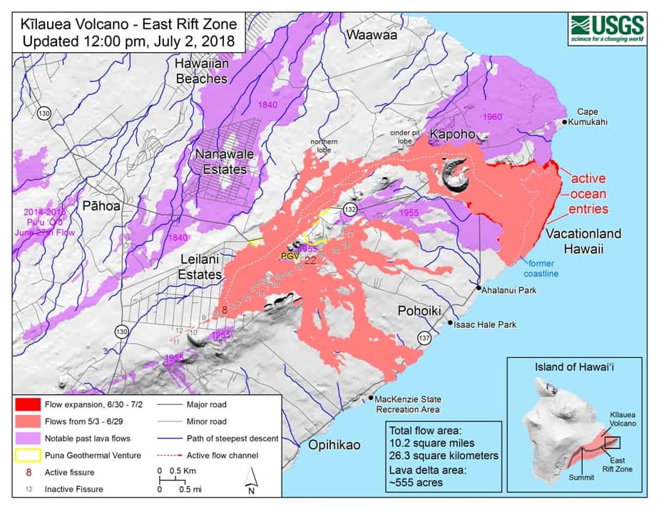 Une carte de la région du Kilauea montrant des coulées de lave récentes. Celles du mois de juillet 2018 sont en rouge. Celles du mois de mai sont en orange. © USGS