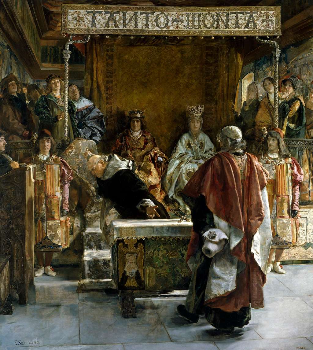 L'édit d'expulsion des Juifs d'Espagne présenté aux Rois catholiques par l'inquisiteur Torquemada en 1492, par Emilio Sala y Francés en 1889. © Musée du Prado, Madri, <em>Wikimedia Commons</em>, DP