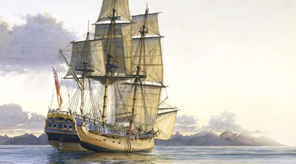 Aquarelle représentant l'Endeavour de James Cook, par le peintre de marine Gregory Robinson. © Ouest France. 