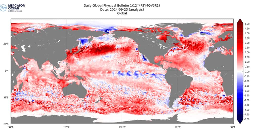 Les premiers signes d'un refroidissement du Pacifique équatorial commencent à apparaître depuis fin septembre, visibles en bleu ici. © Mercator Ocean