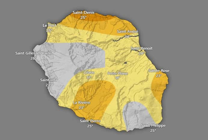 L'état des sols de La Réunion prévu pour le vendredi 17 janvier après le retour des pluies : en jaune, la sécheresse légère ; en jaune foncé, la sécheresse modérée ; en orange, la sécheresse sévère. © Windy