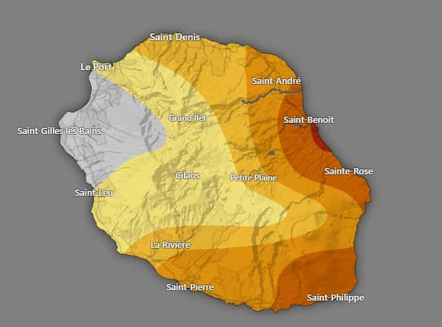 L'état des sols de La Réunion ce mercredi 8 janvier : en jaune, la sécheresse légère ; en jaune foncé, la sécheresse modérée ; en orange la sécheresse sévère et en rouge la sécheresse exceptionnelle. © Windy