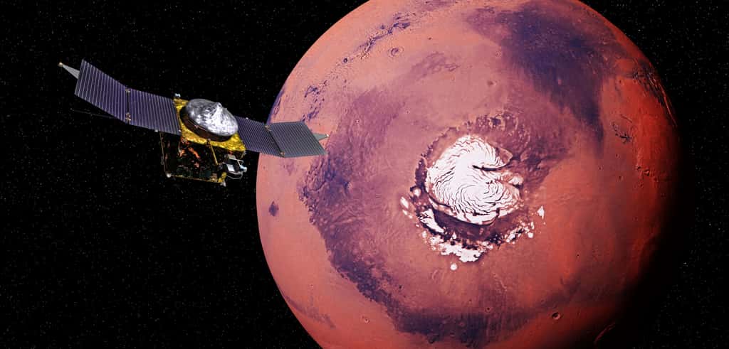 Illustration de la sonde Maven survolant le pôle nord de Mars. © dottedyeti, Adobe Stock