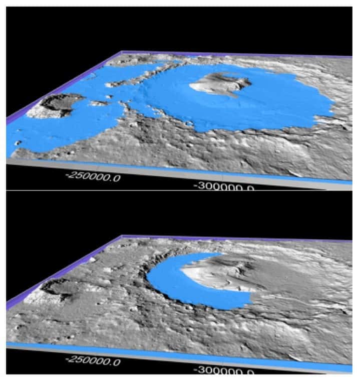 Les recherches menées par le rover Curiosity dans le cratère Gale suggèrent qu’un lac l’a empli entre 10.000 et 10 millions d’années. © William Dietrich, <em>University of California Berkley</em>