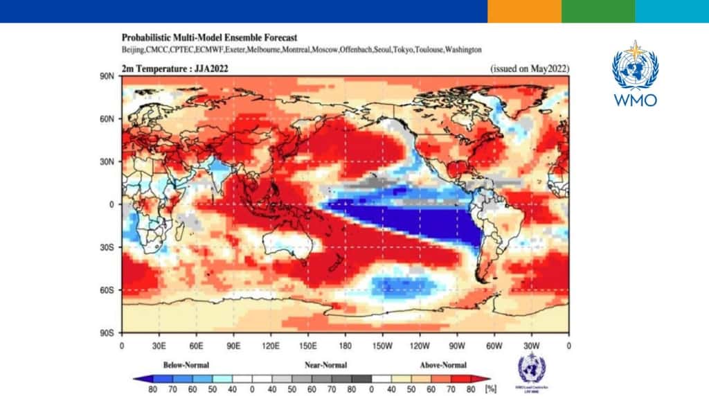 La bande bleue montre l'anomalie froide des températures dans l'océan Pacifique : La Niña a des conséquences sur les précipitations de beaucoup de pays, mais pas ceux d'Europe. © WMO