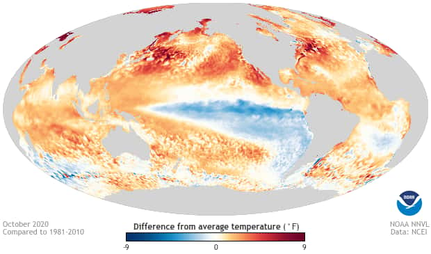 En rouge et bleu, les anomalies de températures dans les océans. On repère La Nina à la bande bleue, donc plus froide que la normale, dans l'océan Pacifique. © Noaa 