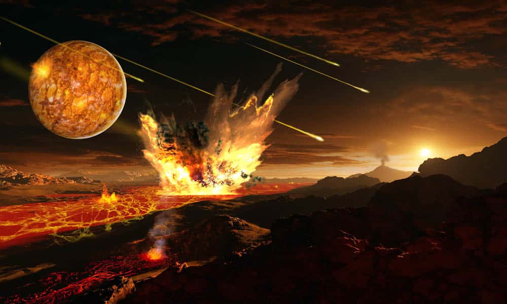 Lors du Grand bombardement tardif, il y a entre 4,1 et 3,8 milliards d'années, la Terre et la Lune ont été bombardées de météorites. © Ron Miller