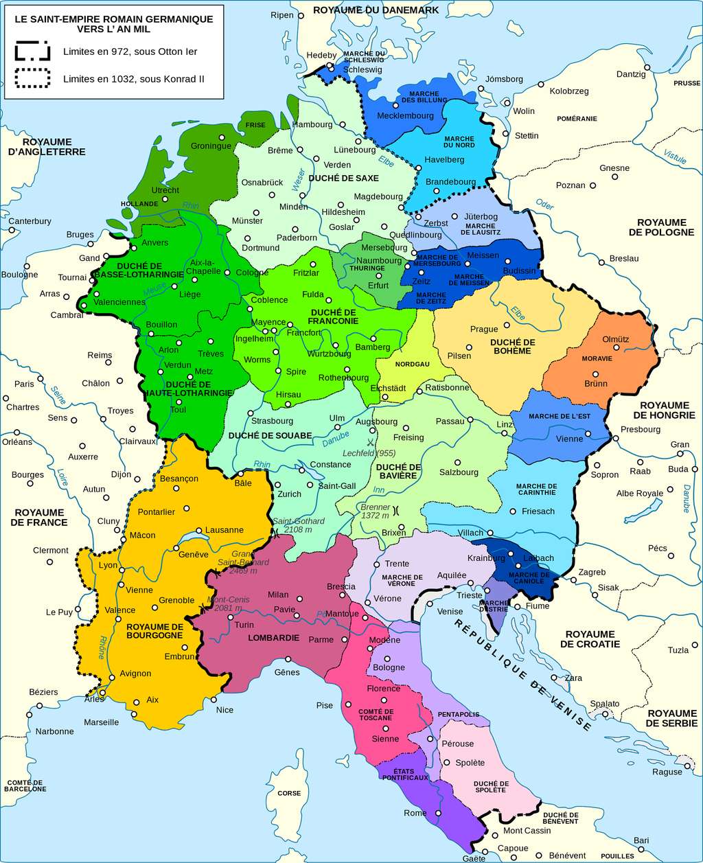 Carte du Saint Empire germanique vers l'an mil. Auteur : Semhur, 2011. © Wikimedia Commons, domaine public