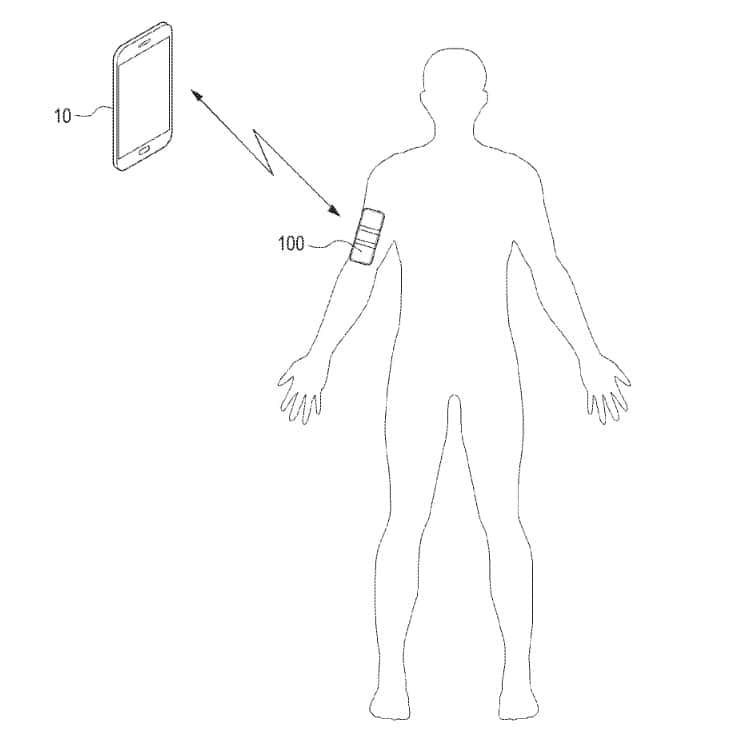 Le dispositif (#100) se porte sur le corps et peut communiquer avec un smartphone (#10). © Samsung