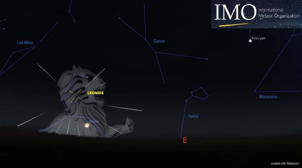 Le radiant des Léonides se situe dans la crinière du Lion. C'est dans cette direction que surgissent la plupart des météores de cette pluie d'étoiles filantes. Dans la nuit du 17 au 18 novembre 2022, la Lune décroissante s'invite dans la constellion, près de son étoile la plus brillante, Régulus. © IMO
