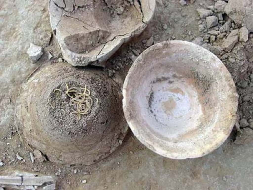 Les plus anciennes pâtes découvertes en Chine, en 2002 (ville de Lajia, province de Qinghai) ; elles ont 4000 ans. © Photo /Xining Evening News. 