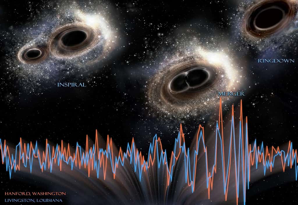 <em>Inspiral, merger, ringdown</em> : ce sont les noms anglais des trois étapes qui ont conduit deux trous noirs à se rapprocher en décrivant une spirale suite à des pertes d'énergies sous forme d'ondes gravitationnelles, puis à entrer en collision pour finalement donner un seul trou noir. L'horizon des évènements de l'objet compact final a vibré, telle une cloche frappée, en émettant des ondes gravitationnelles. L'évènement a duré moins d'une seconde. Les courbes montrent les signaux détectés par les deux interféromètres LIGO, à Handford, et à Livingston, aux États-Unis, le 14 septembre 2015 et elles sont en correspondance avec la chronologie des événements. © LIGO, NSF, Aurore Simonnet