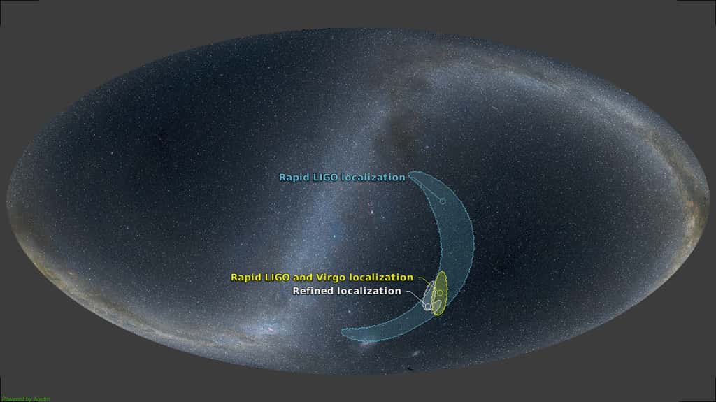 Sur cette image de la voûte céleste, avec la Voie lactée, les régions entourées sont celles de plus forte probabilité pour la présence de la source GW170814. La combinaison des observations de Ligo et de Virgo permet de bien mieux localiser la région où s'est produit cet évènement. © Collaboration Virgo, <em>LIGO Scientific Collaboration</em>