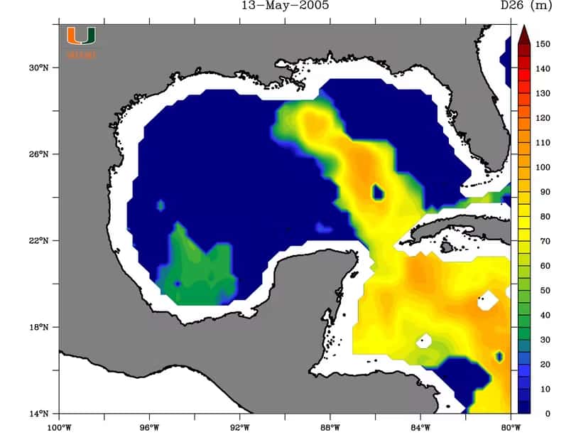 En orange, le <em>Loop Current</em> de mai 2005 dans le golfe du Mexique ; en gris, les terres. © Université de Miami