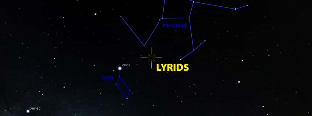 Le radiant des Lyrides se situe entre le genou de la constellation d'Hercule (surnommé l'Agenouillé d'ailleurs) et Véga, l'étoile la plus brillante de la Lyre. © IMO.net