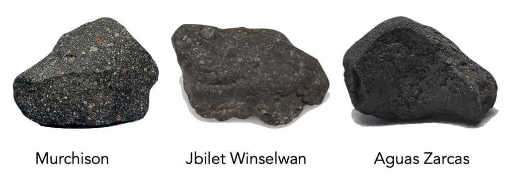 Des échantillons de trois météorites chondrites carbonées – Murchison, Jbilet Winselwan et Aguas Zarcas – ont été analysés dans les expériences de dégazage exposées dans l'article de <em>Nature Astronomy</em>. © M. Thompson