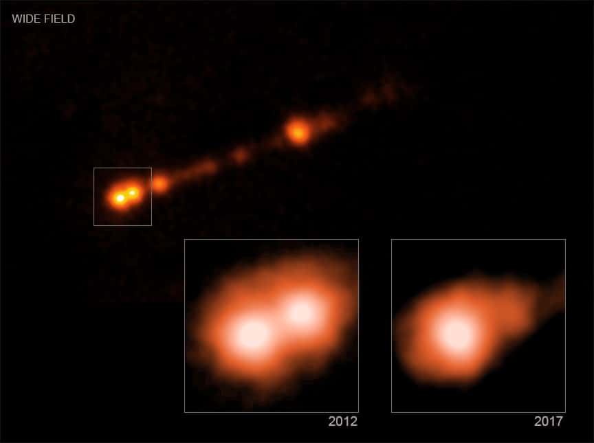 Sur ces images en fausses couleurs prises dans le domaine des rayons X avec Chandra on voit bien en cinq ans l'évolution des noyaux de matière présent dans le jet de M87*. © Nasa, CXC, SAO, B.Snios et al 