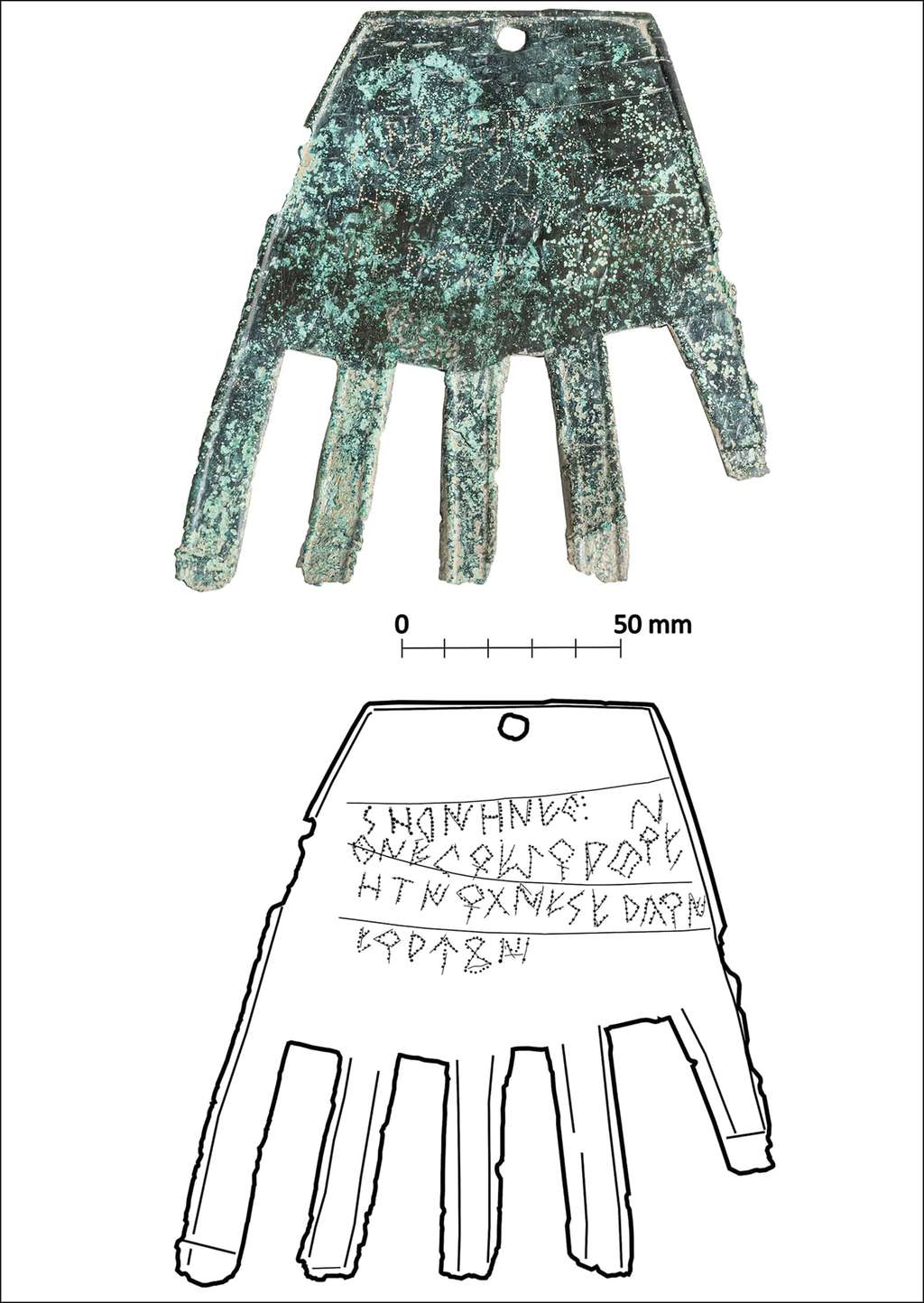 Photographie de la main d'Irulegi et dessin réalisé à partir de la photographie et d'une image scannée. © Cambridge University Press