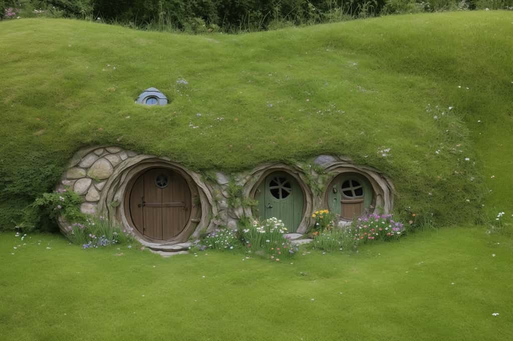  Entre mythe et réalité, la représentation d'une maison de Hobbit qui permet de rester au frais l'été et au chaud l'hiver ! © A.Arquey, Leonardo AI