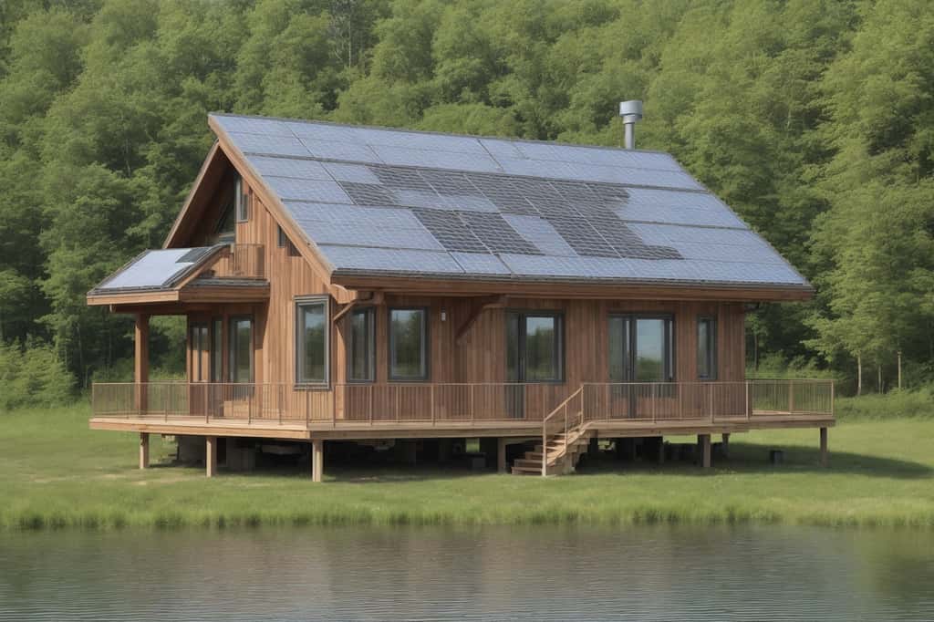 Aperçu d'une maison autonome dont le toit est couvert de panneaux photovoltaïques. ©A.Arquey, Leonardo AI