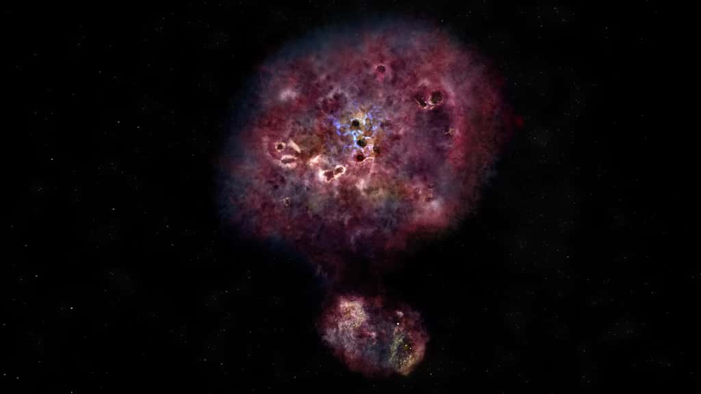 Impression d'artiste de ce à quoi ressemblerait MAMBO-9 dans le visible. La galaxie est très poussiéreuse et n'avait pas encore construit la plupart de ses étoiles au moment où Alma l'observe il y a plus de 13 milliards d'années. © NRAO, AUI, NSF, B. Saxton