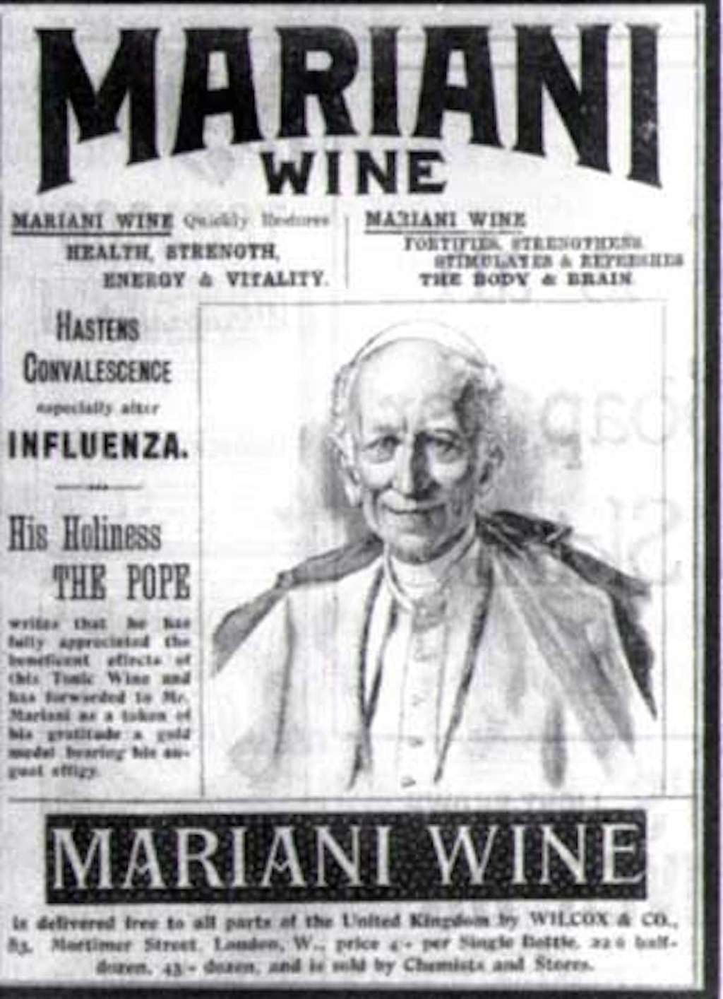 Publicité pour Vino Mariani avec l’image du Pape Léon XIII. © Wikimedia Commons