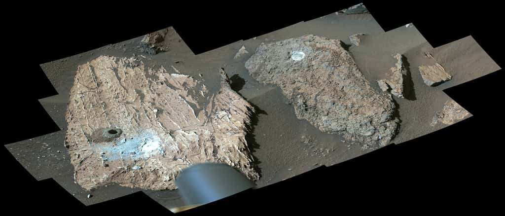 Le rover martien Perseverance de la Nasa a utilisé son instrument Mastcam-Z pour visualiser cet espace de travail autour de l'échantillon prélevé sur un rocher surnommé « <em>Cheyava Falls</em> ». Un trou de forage est visible (à l'extrême gauche) où un échantillon a été prélevé le 21 juillet 2024. À droite, se trouve un rocher surnommé « <em>Steamboat Mountain</em> ». Une zone d'abrasion blanche circulaire est visible sur chaque rocher ; c'est là que le rover a utilisé un outil d'abrasion pour dégager la surface supérieure, permettant aux instruments d'étudier la composition des roches. Les images qui composent ce composite ont été prises par l'instrument Mastcam-Z du rover le 23 juillet 2024, le 1217<sup>e</sup> jour, ou sol, de la mission. © Nasa, JPL-Caltech, MSSS