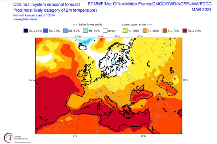 En jaune et orange, les zones où les températures s'annoncent plus élevées que la normale en mars. © Copernicus