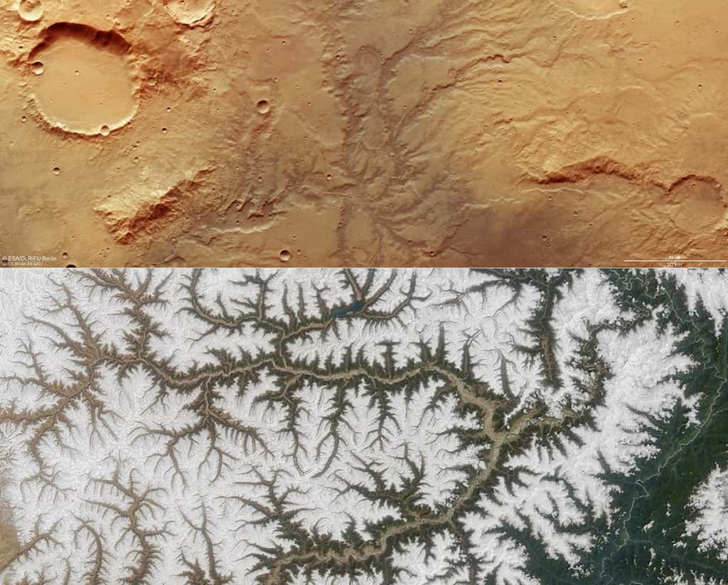 Comparaison entre un réseau de vallées observé dans l'hémisphère sud de la Planète rouge par Mars Express le 19 novembre 2018 (l'image est orientée avec le nord à droite au lieu d'en haut) et le fleuve Yarlung Tsangpo qui traverse le Tibet, observé par le satellite Terra. © ESA, DLR, FU Berlin, CC By-sa 3.0 IGO, Nasa, DP