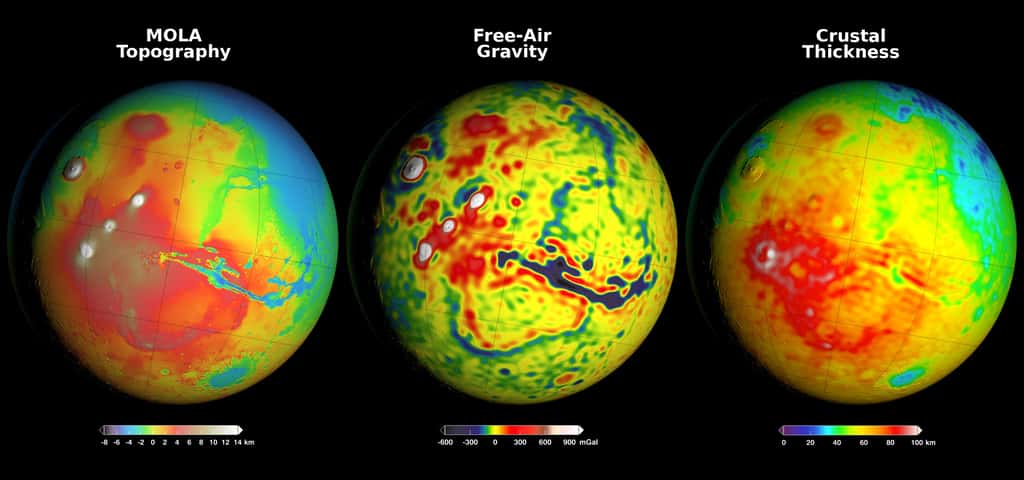 De gauche à droite, des cartes de la topographie, du champ de gravité et de l'épaisseur de la croûte de Mars. © Nasa, GSFC, <em>Scientific Visualization Studio</em>