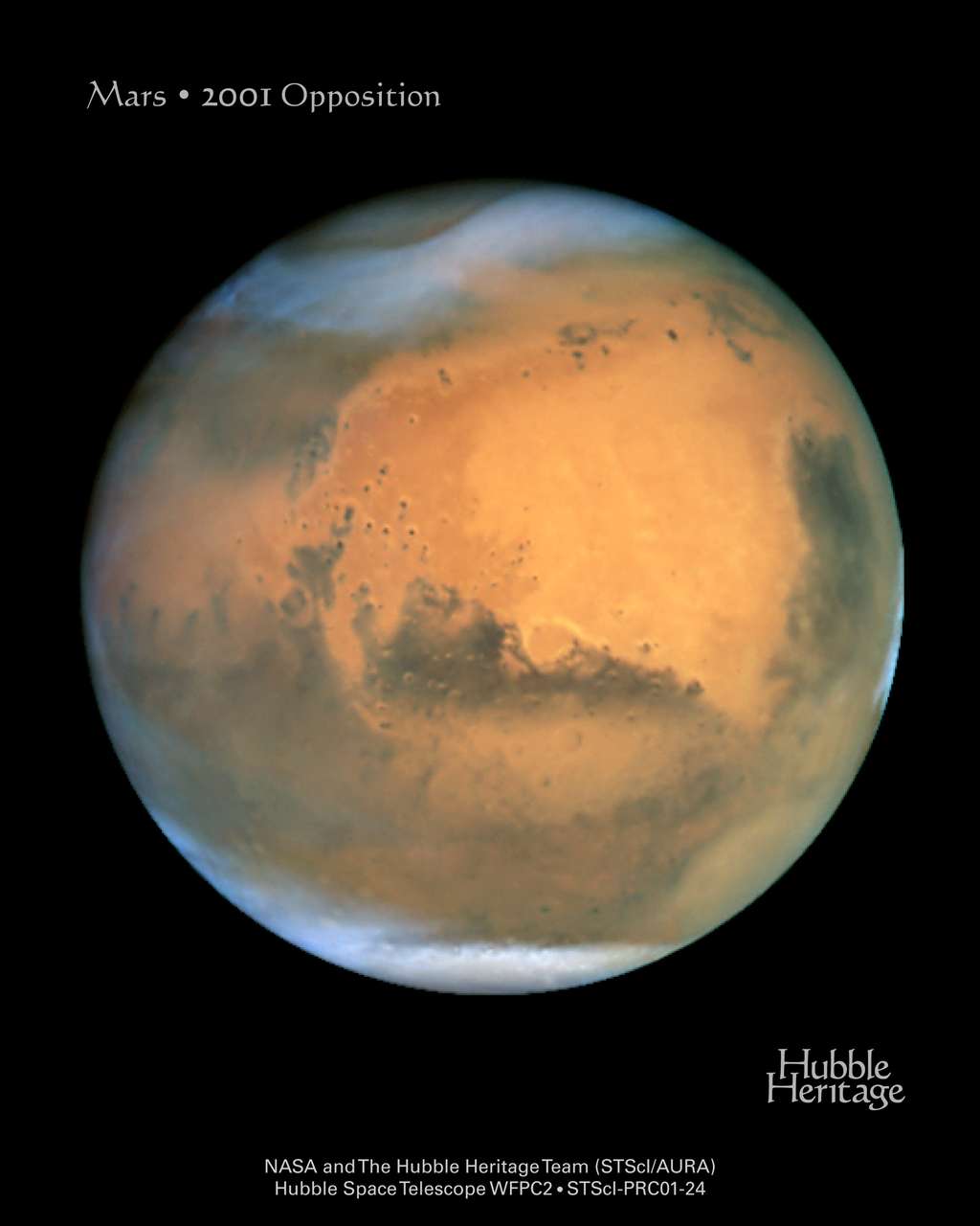 Mars photographiée par Hubble à l'occasion de son opposition de 2001. © Jim Bell (Cornell) et al., <em>Hubble Heritage Team</em> (Aura/STScI/Nasa)