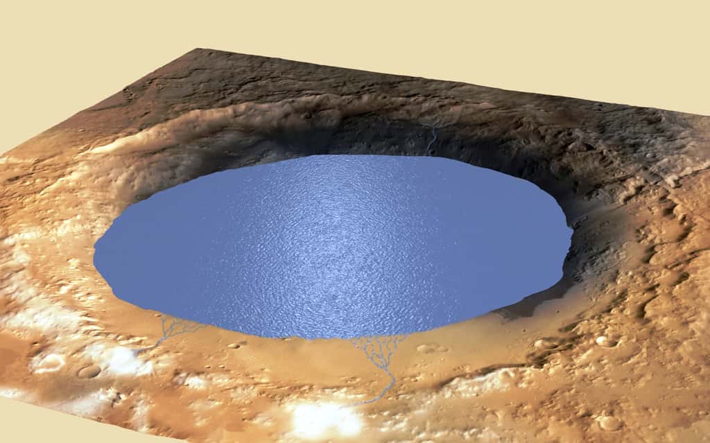  Large de 154 kilomètres de diamètre, le cratère Gale a été formé par l'impact d'un petit corps céleste il y a probablement 3,7 milliards d'années, alors que Mars était encore un peu humide et probablement encore accueillante pour la vie. Il a été occupé par un lac il y a plus de trois milliards d'années, comme le montre cette vue d'artiste, qui s'est asséché à plusieurs reprises, ce qui peut se lire dans l'empilement de couches de dépôts sédimentaires gardant des traces de cours d'eau et de dépôts éoliens. Au centre, se trouve le mont Sharp, un mélange de dépôts lacustres et éoliens recouvrant sans doute un pic central formé par un rebond de la croûte martienne après l'impact. © Nasa