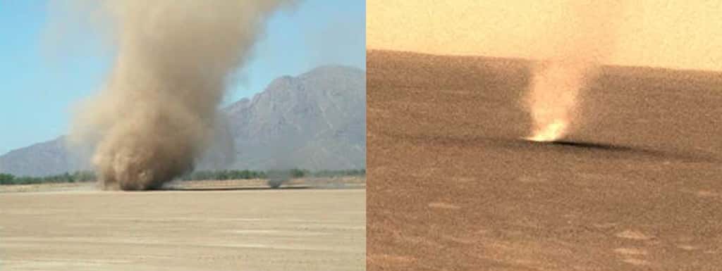 Un <em>Dust Devil</em> en Arizona à gauche et un autre sur Mars à droite. © Nasa, University of Michigan