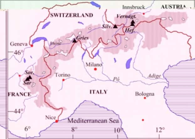 Carte des Alpes indiquant les six glaciers sélectionnés dans l’étude : Vernagtferner (Vernagt) et Hintereisferner (Hef.) en Autriche, Silvretta (Silv.) et Gries en Suisse, Saint Sorlin (Sor.) et Sarennes (Sar.) en France. © CNRS