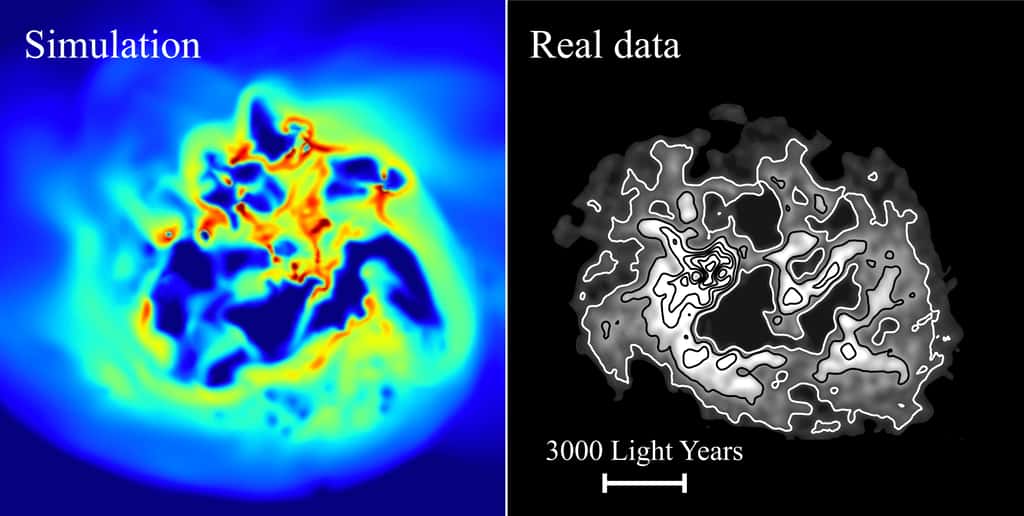 L'image de gauche montre la densité d'hydrogène dans une galaxie naine simulée, vue d'en haut. L'image de droite montre la même chose pour une véritable galaxie naine, IC 1613. Dans la simulation, des entrées et des sorties répétées de gaz du centre de la galaxie font fluctuer l'intensité du champ gravitationnel. La matière noire répond à cela en migrant du centre vers l'extérieur de la galaxie, comme le ferait un gaz chauffé qui se dilate et monte dans l'atmosphère. Un effet connu sous le nom de « chauffage de la matière noire ». © Justin Read et al/University of Surrey.