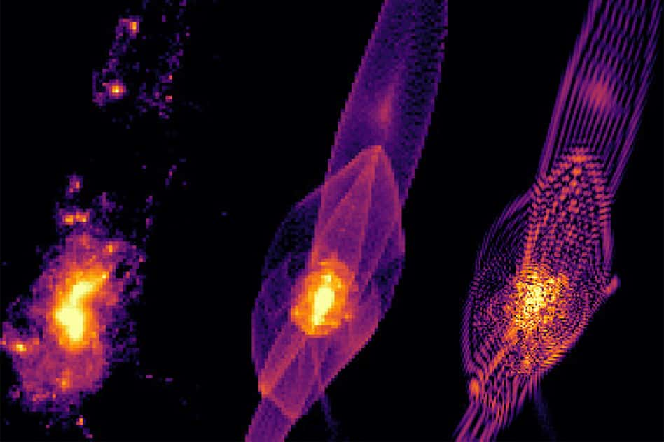 Des images extraites de simulations de la formation de galaxies dans des scénarios de matière noire froide classique, chaude et « floue » (de gauche à droite). La structure des filaments où se condense la matière des galaxies n'est pas la même et on voit clairement à droite les effets d'interférence quantique qui, <em>via</em> les inégalités de Heisenberg, gomment la formation des petites galaxies contenant de la matière noire ainsi que le pic central de cette matière dans une galaxie. © P. Mocz <i>et al</i>., Phys. Rev. Lett. (2019)