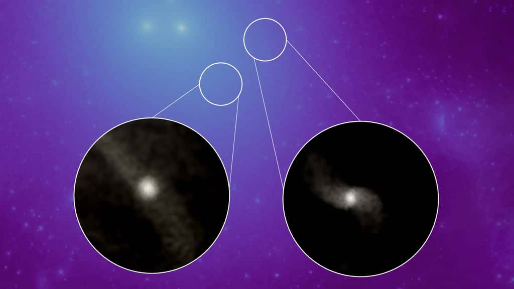 Cette image d'une nouvelle simulation informatique montre la distribution de la matière noire dans un groupe de galaxies simulées, avec des zones plus lumineuses montrant des concentrations plus élevées de matière noire. Les cercles montrent des images rapprochées de la lumière stellaire associée à deux galaxies dépourvues de matière noire. Si ces galaxies avaient de la matière noire, elles apparaîtraient comme des régions brillantes dans l'image principale. © Alex Gurvich, <em>Northwestern University</em>