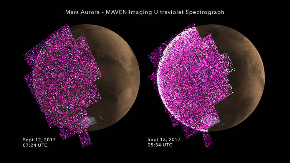 En septembre 2017, la fine atmosphère de Mars s’est embrasée dans la lumière ultraviolette suite à une déferlante de tempêtes solaires. © Nasa, GSFC, <em>University of Colorado</em>, LASP