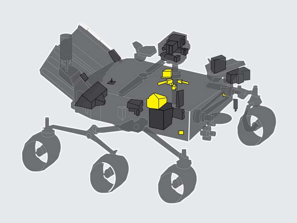 En jaune, emplacement de l'instrument Meda sur le rover Perseverance. © Nasa, JPL-Caltech