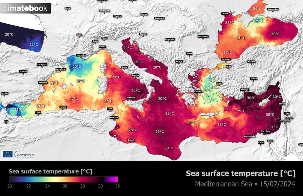 En rouge, les zones en surchauffe dans la mer Méditerranée au 15 juillet 2024. © Climate Book