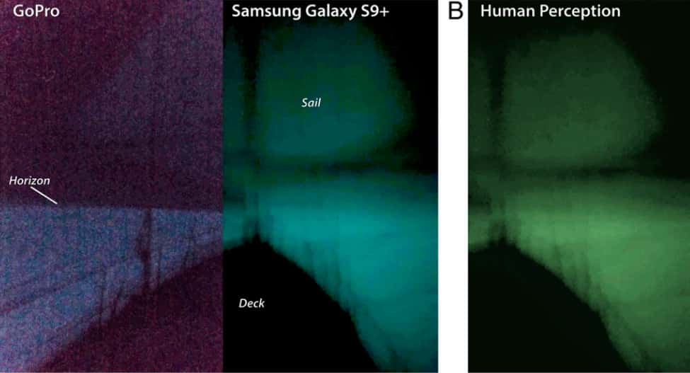 Photos prises par les membres de l'équipage du Ganesha de la mer laiteuse, avec en B une version ajustée en couleur de la photo Samsung se rapprochant de la perception visuelle de la lueur. © <em>PNAS</em>, Steven D. Miller et. al
