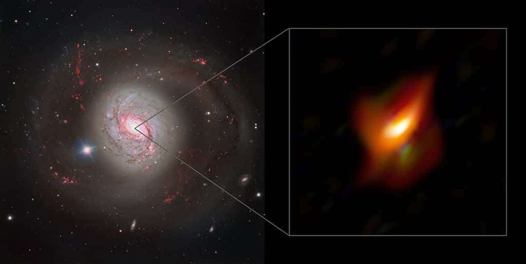 Sur l’image de gauche, figure une vue splendide de la galaxie active Messier 77, capturée au moyen de l’instrument FORS2<em> (FOcal Reducer and low dispersion Spectrograph 2)</em> qui équipe le <em>Very Large Telescope</em>. L’image de droite présente une vue agrandie des régions centrales de cette galaxie, son noyau actif, acquise par l’instrument Matisse. © ESO, Jaffe, Gámez-Rosas et al.